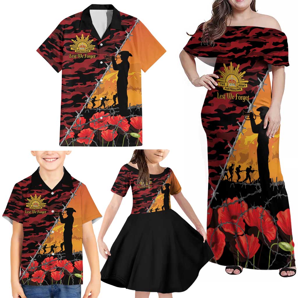 ANZAC Lest We Forget Family Matching Off Shoulder Maxi Dress and Hawaiian Shirt Australian Army Poppy Tribute