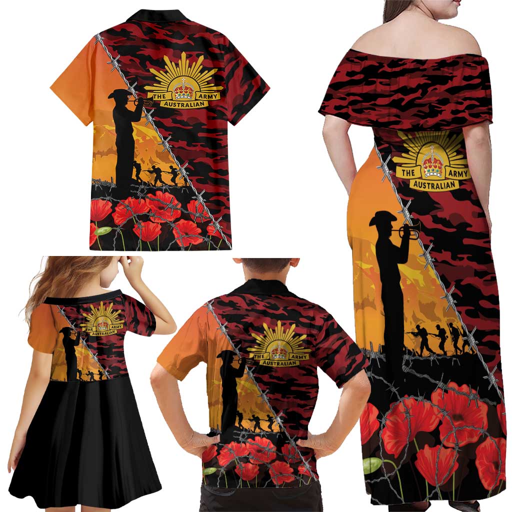 ANZAC Lest We Forget Family Matching Off Shoulder Maxi Dress and Hawaiian Shirt Australian Army Poppy Tribute