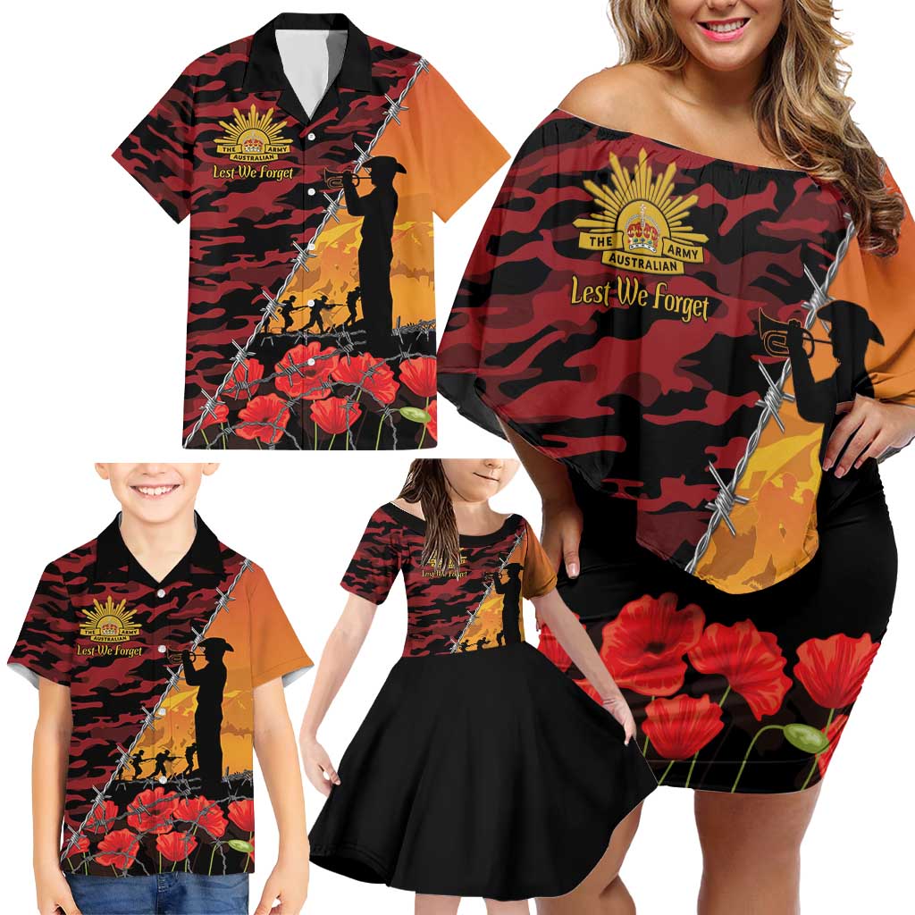 ANZAC Lest We Forget Family Matching Off Shoulder Short Dress and Hawaiian Shirt Australian Army Poppy Tribute