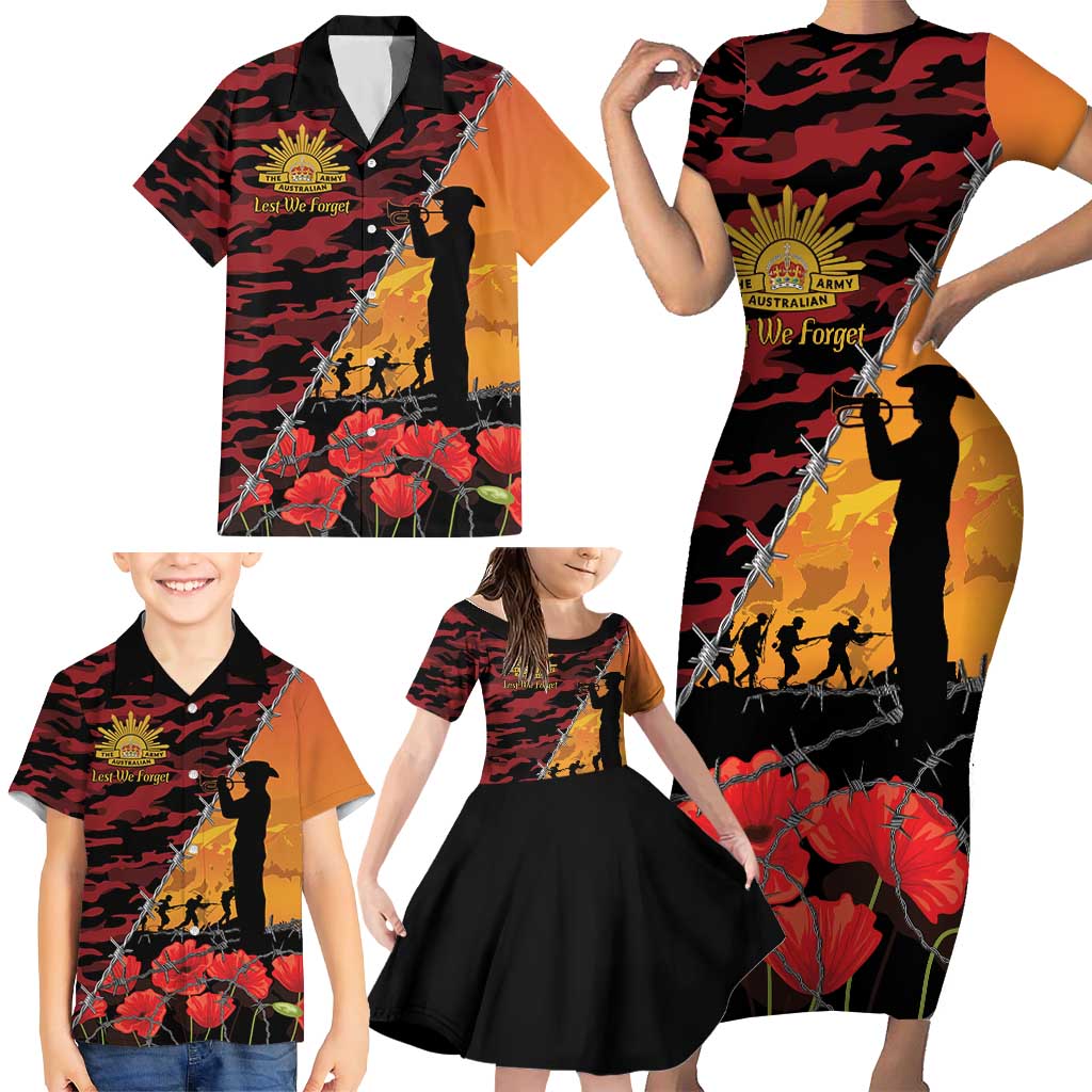 ANZAC Lest We Forget Family Matching Short Sleeve Bodycon Dress and Hawaiian Shirt Australian Army Poppy Tribute