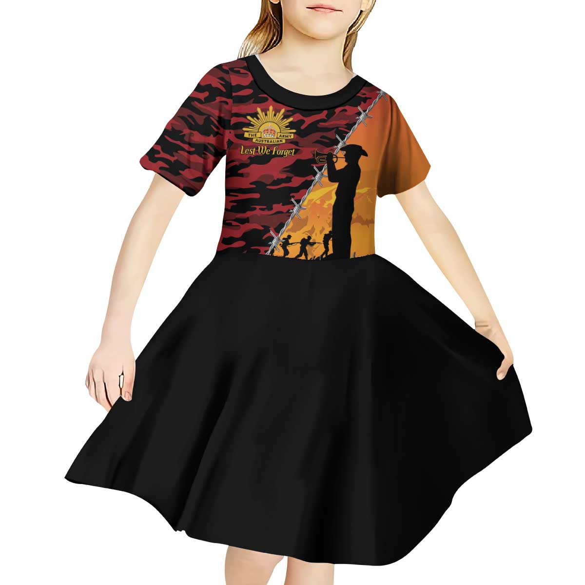 ANZAC Lest We Forget Kid Short Sleeve Dress Australian Army Poppy Tribute