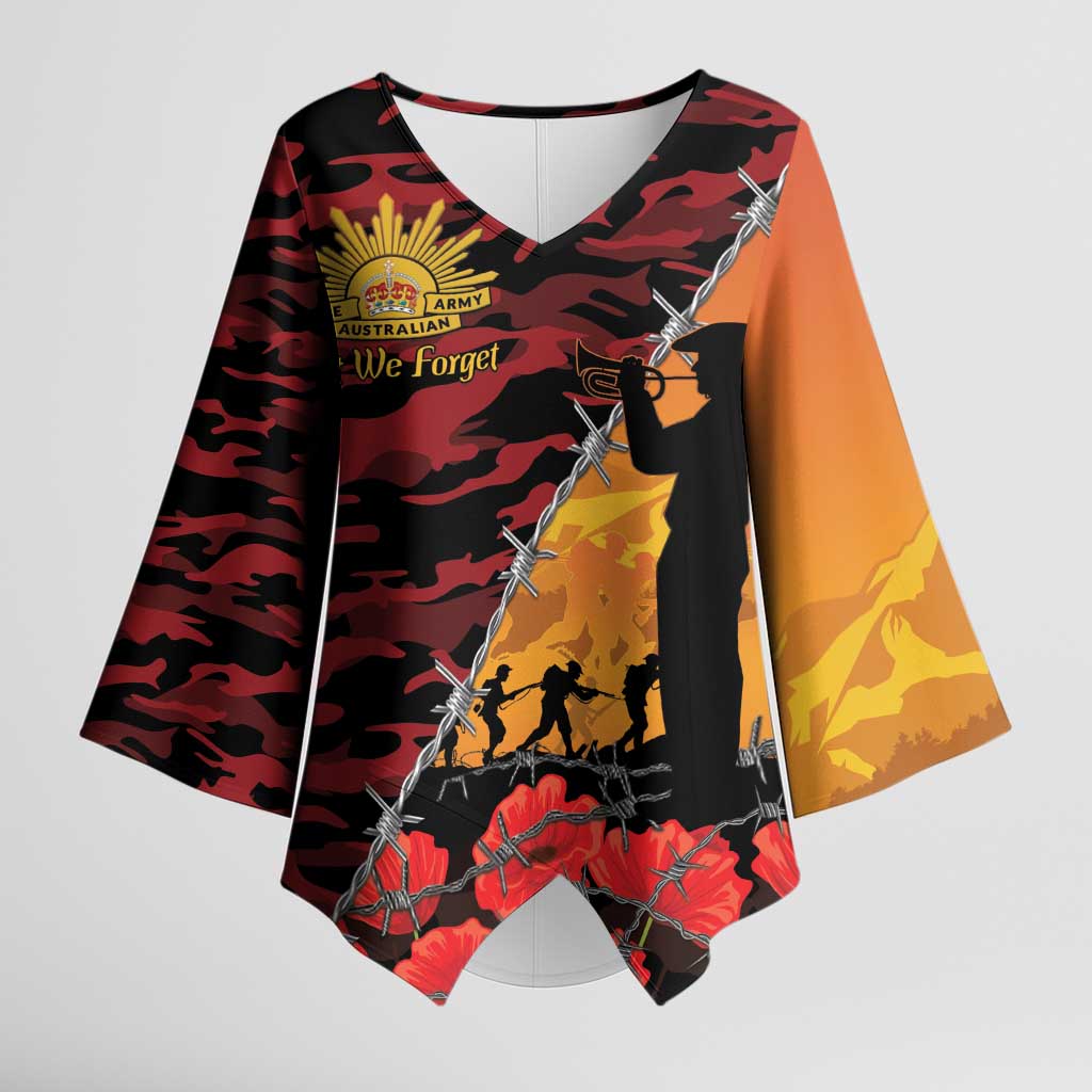ANZAC Lest We Forget Kimono Sleeve Blouse Australian Army Poppy Tribute