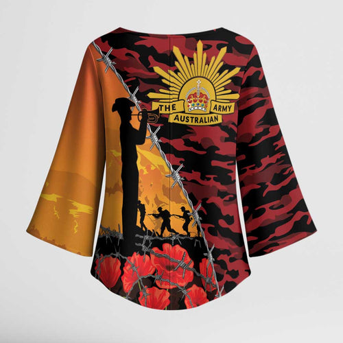 ANZAC Lest We Forget Kimono Sleeve Blouse Australian Army Poppy Tribute