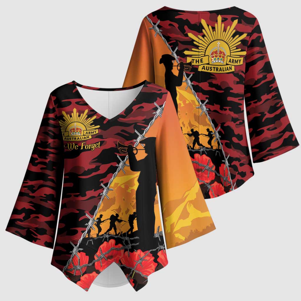 ANZAC Lest We Forget Kimono Sleeve Blouse Australian Army Poppy Tribute