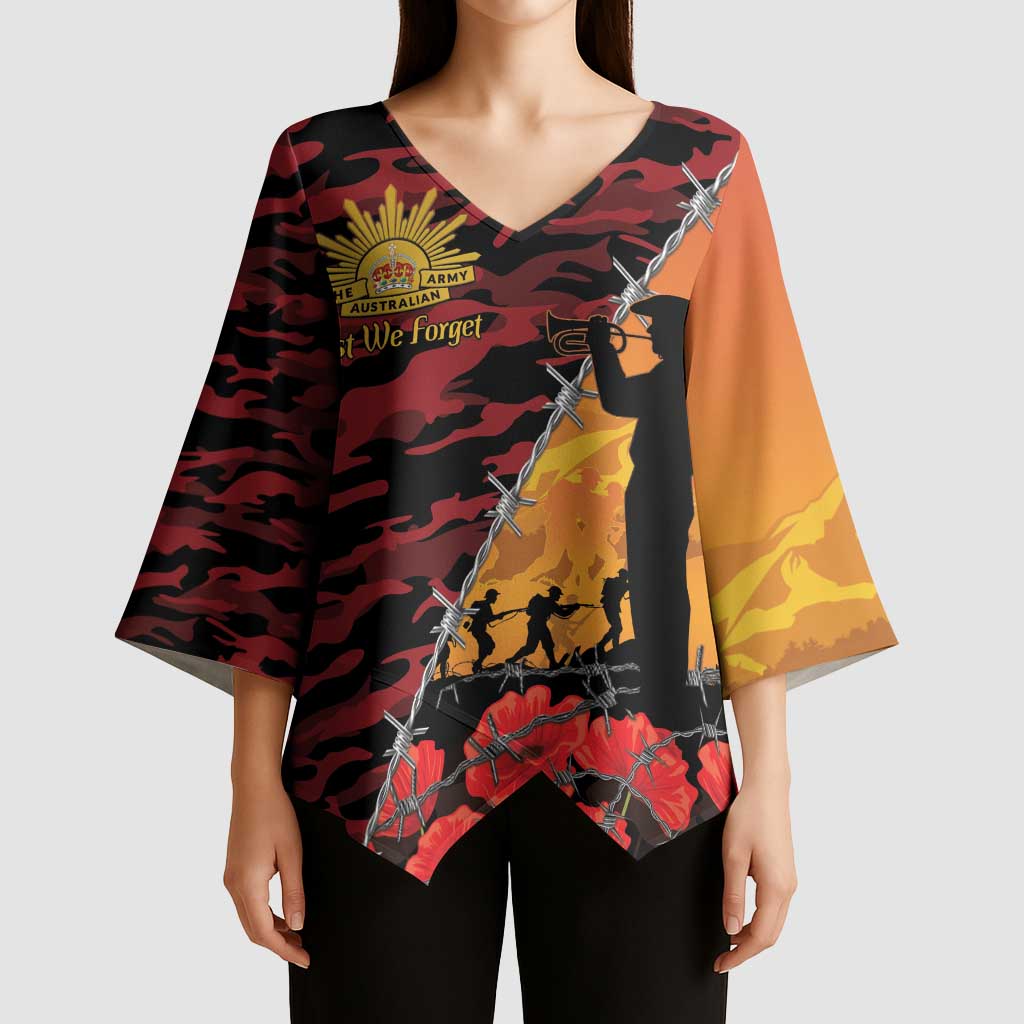 ANZAC Lest We Forget Kimono Sleeve Blouse Australian Army Poppy Tribute