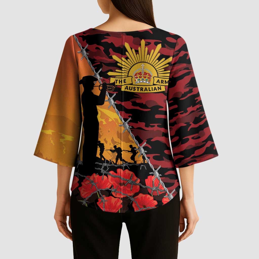 ANZAC Lest We Forget Kimono Sleeve Blouse Australian Army Poppy Tribute