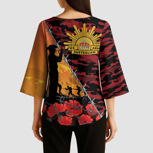 ANZAC Lest We Forget Kimono Sleeve Blouse Australian Army Poppy Tribute