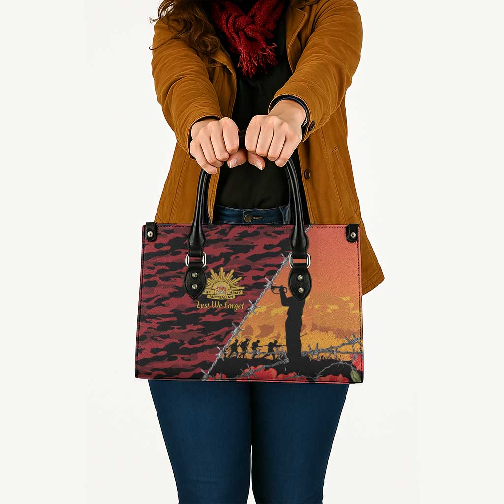 ANZAC Lest We Forget Leather Bag Australian Army Poppy Tribute