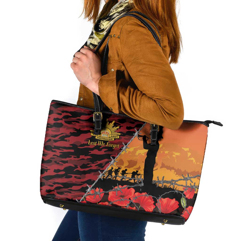 ANZAC Lest We Forget Leather Tote Bag Australian Army Poppy Tribute