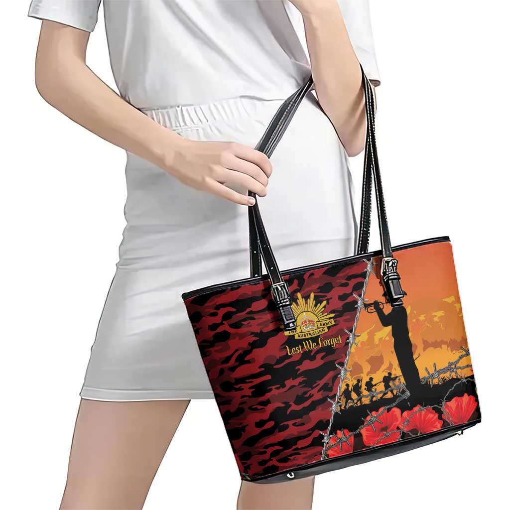 ANZAC Lest We Forget Leather Tote Bag Australian Army Poppy Tribute