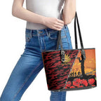 ANZAC Lest We Forget Leather Tote Bag Australian Army Poppy Tribute
