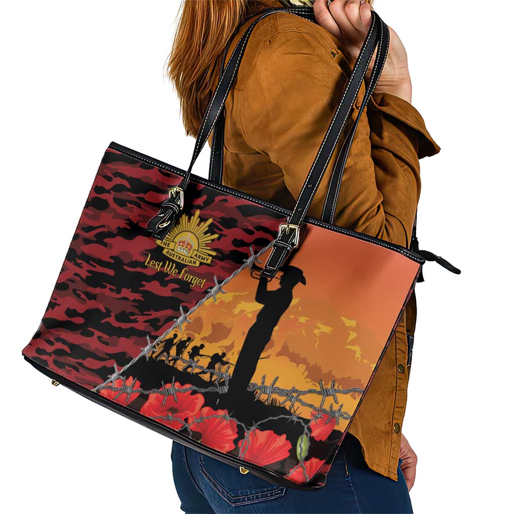 ANZAC Lest We Forget Leather Tote Bag Australian Army Poppy Tribute