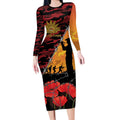 ANZAC Lest We Forget Long Sleeve Bodycon Dress Australian Army Poppy Tribute