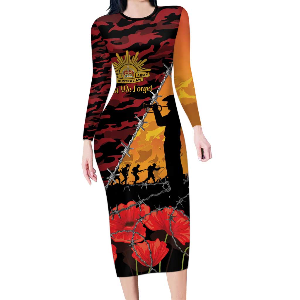 ANZAC Lest We Forget Long Sleeve Bodycon Dress Australian Army Poppy Tribute