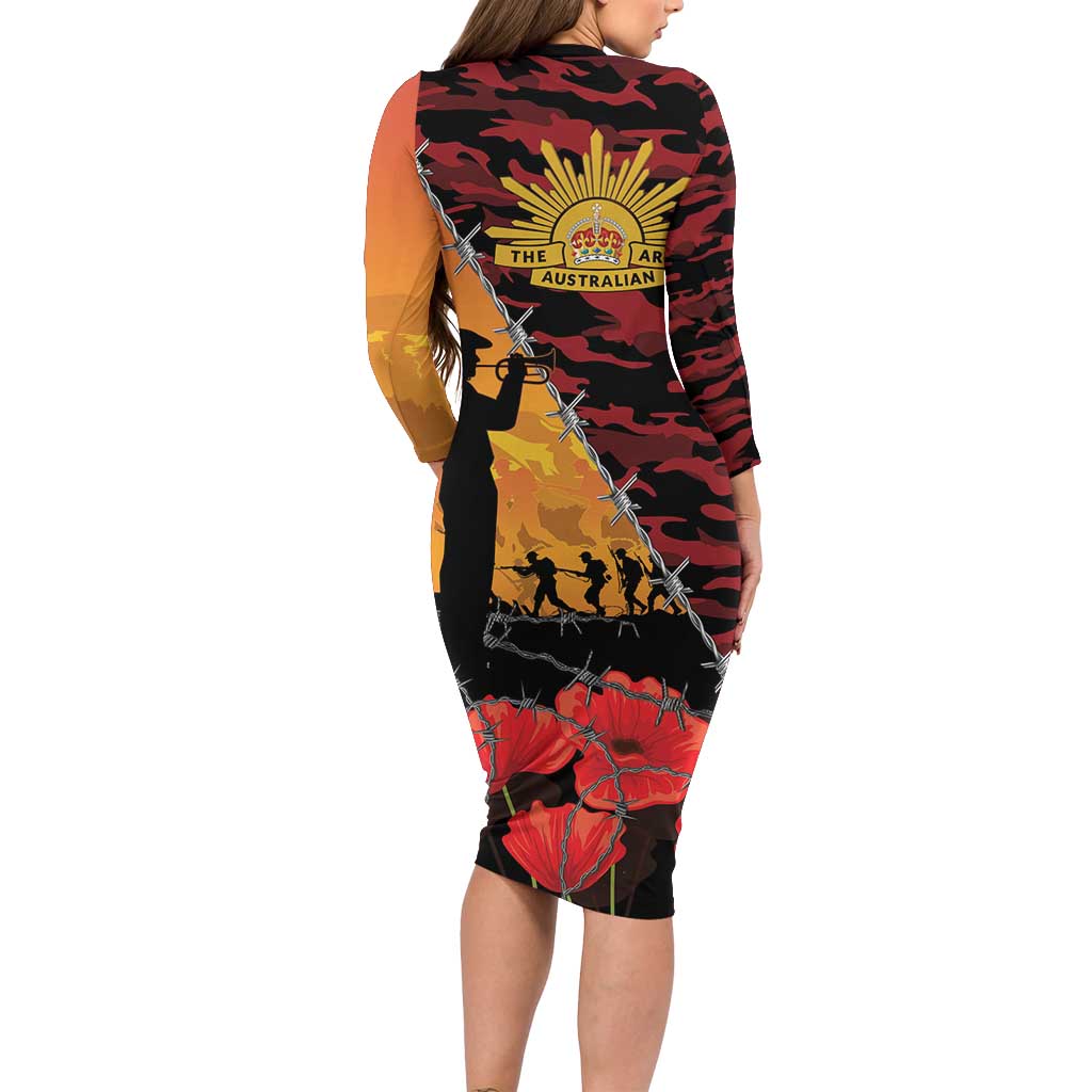 ANZAC Lest We Forget Long Sleeve Bodycon Dress Australian Army Poppy Tribute
