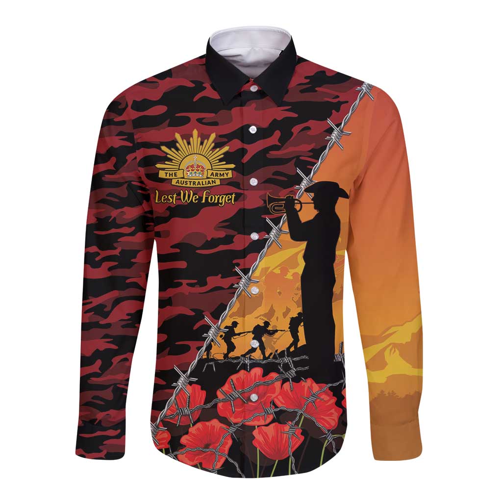 ANZAC Lest We Forget Long Sleeve Button Shirt Australian Army Poppy Tribute