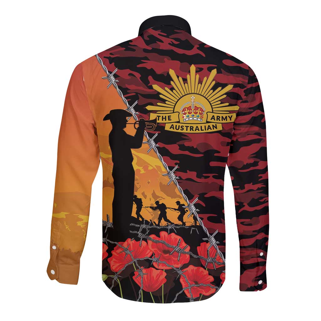 ANZAC Lest We Forget Long Sleeve Button Shirt Australian Army Poppy Tribute
