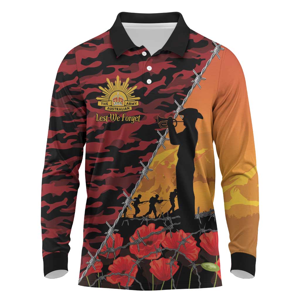 ANZAC Lest We Forget Long Sleeve Polo Shirt Australian Army Poppy Tribute
