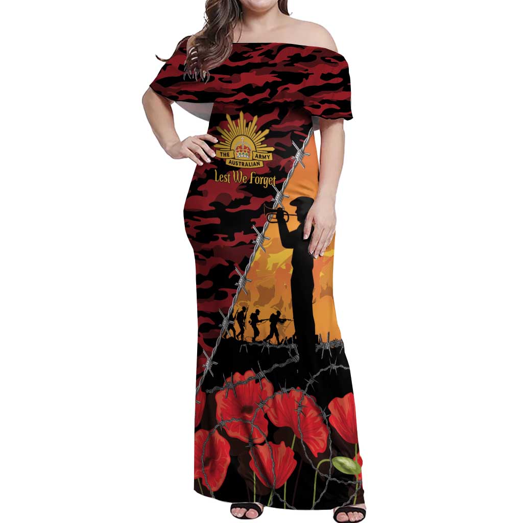 ANZAC Lest We Forget Off Shoulder Maxi Dress Australian Army Poppy Tribute