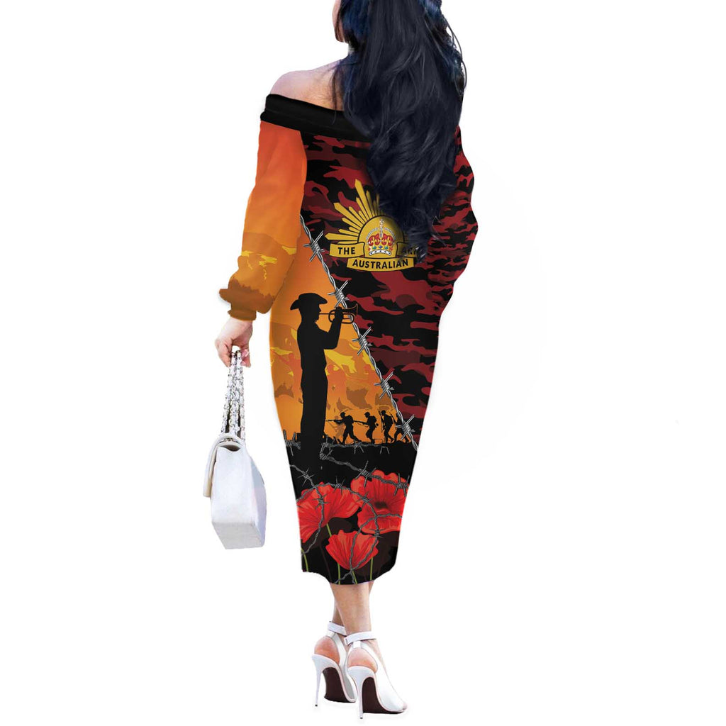 ANZAC Lest We Forget Off The Shoulder Long Sleeve Dress Australian Army Poppy Tribute