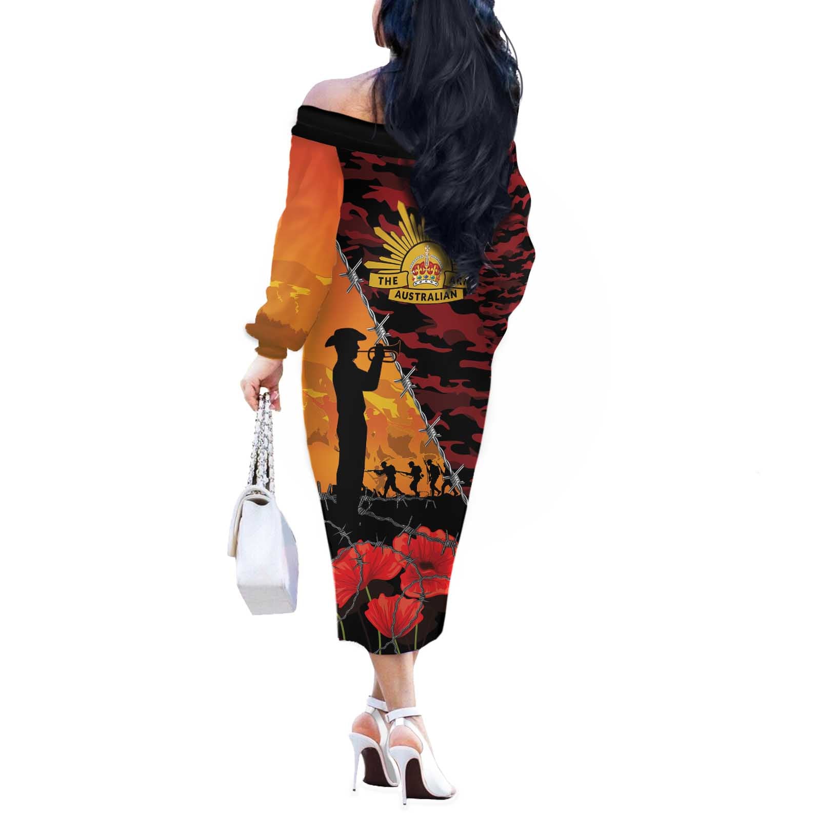 ANZAC Lest We Forget Off The Shoulder Long Sleeve Dress Australian Army Poppy Tribute