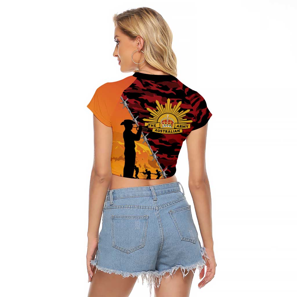 ANZAC Lest We Forget Raglan Cropped T Shirt Australian Army Poppy Tribute