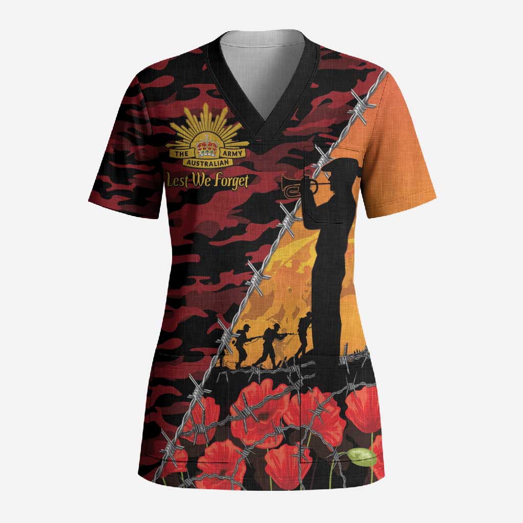 ANZAC Lest We Forget Scrub Top Australian Army Poppy Tribute