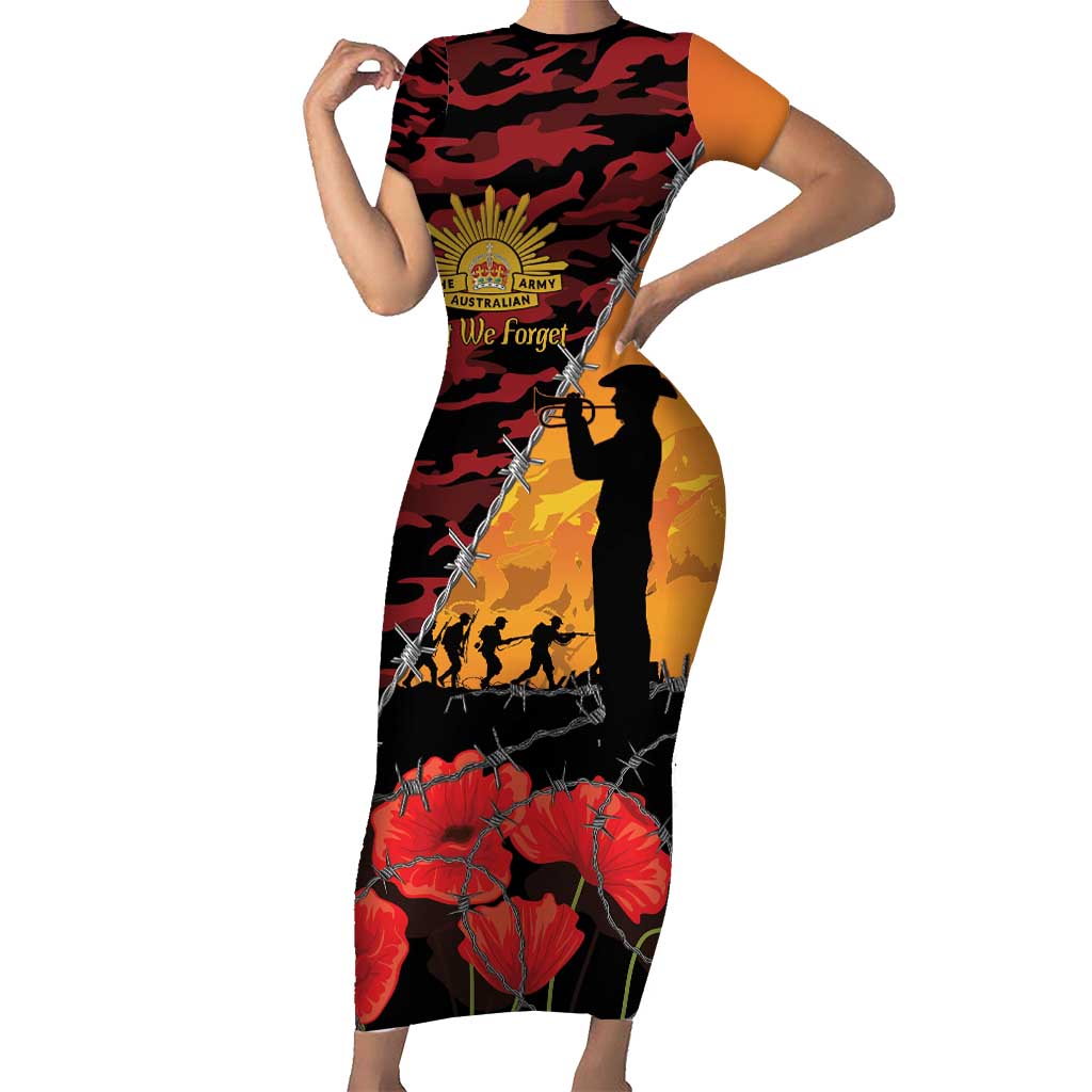ANZAC Lest We Forget Short Sleeve Bodycon Dress Australian Army Poppy Tribute