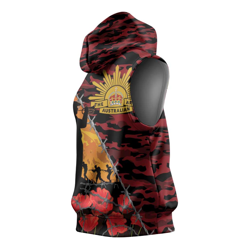 ANZAC Lest We Forget Sleeveless Hoodie Australian Army Poppy Tribute