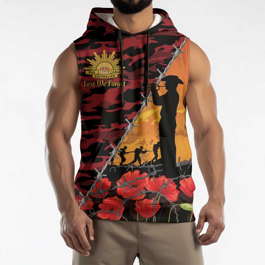 ANZAC Lest We Forget Sleeveless Hoodie Australian Army Poppy Tribute