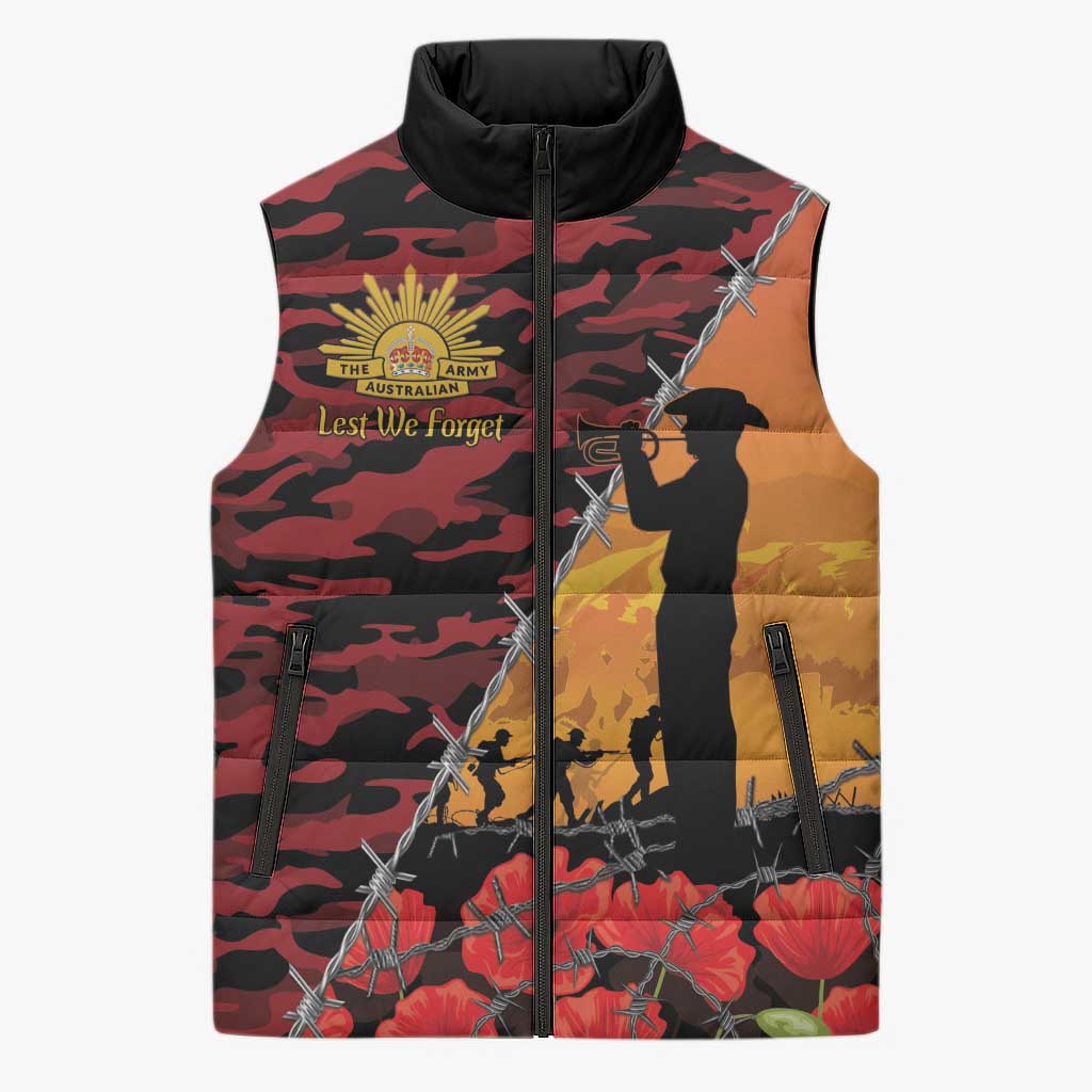 ANZAC Lest We Forget Sleeveless Puffer Jacket Australian Army Poppy Tribute