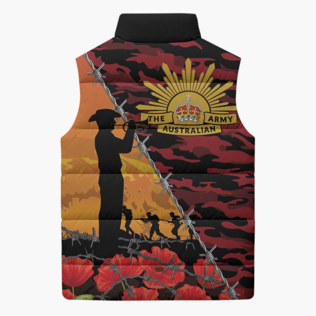 ANZAC Lest We Forget Sleeveless Puffer Jacket Australian Army Poppy Tribute