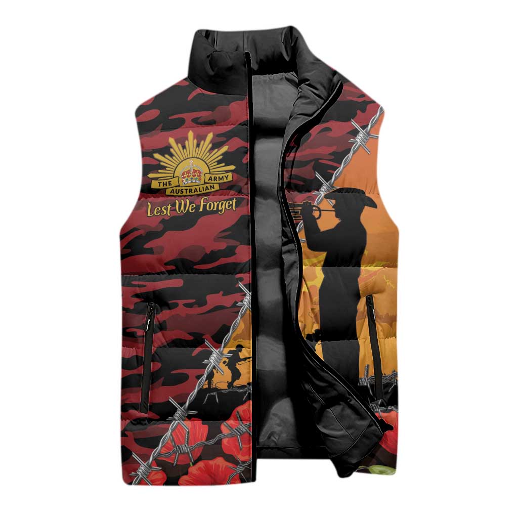 ANZAC Lest We Forget Sleeveless Puffer Jacket Australian Army Poppy Tribute