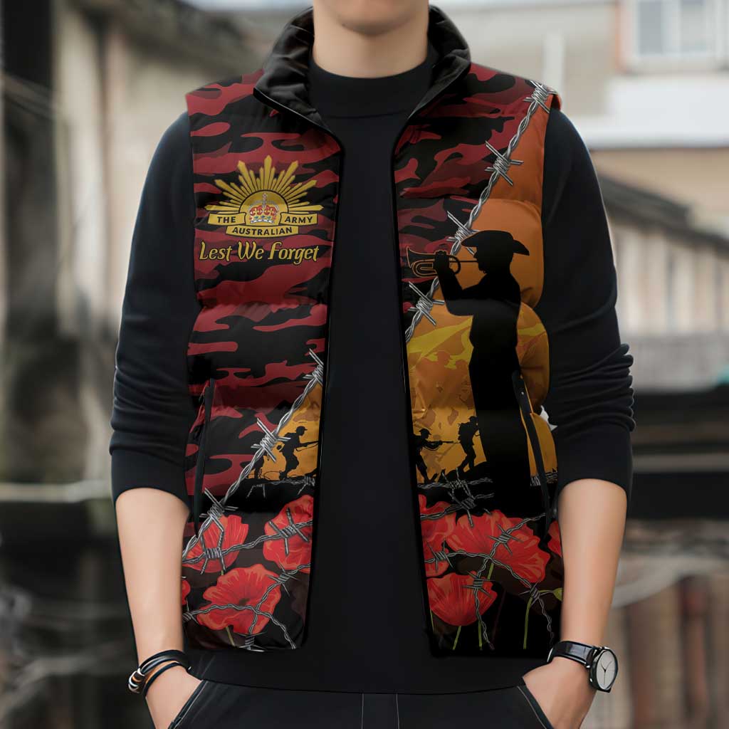 ANZAC Lest We Forget Sleeveless Puffer Jacket Australian Army Poppy Tribute