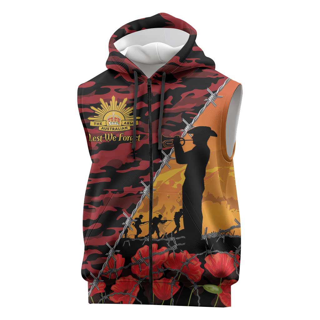 ANZAC Lest We Forget Sleeveless Zip Hoodie Australian Army Poppy Tribute