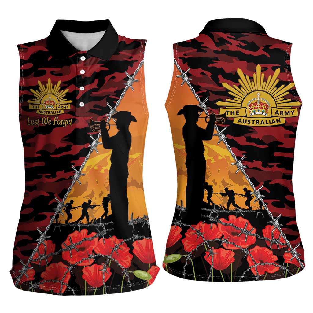 ANZAC Lest We Forget Women Sleeveless Polo Shirt Australian Army Poppy Tribute