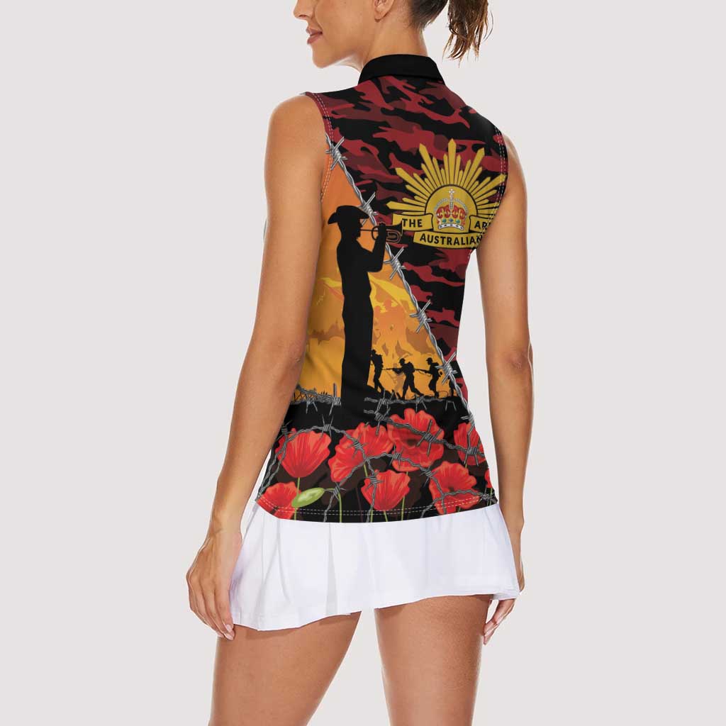ANZAC Lest We Forget Women Sleeveless Polo Shirt Australian Army Poppy Tribute