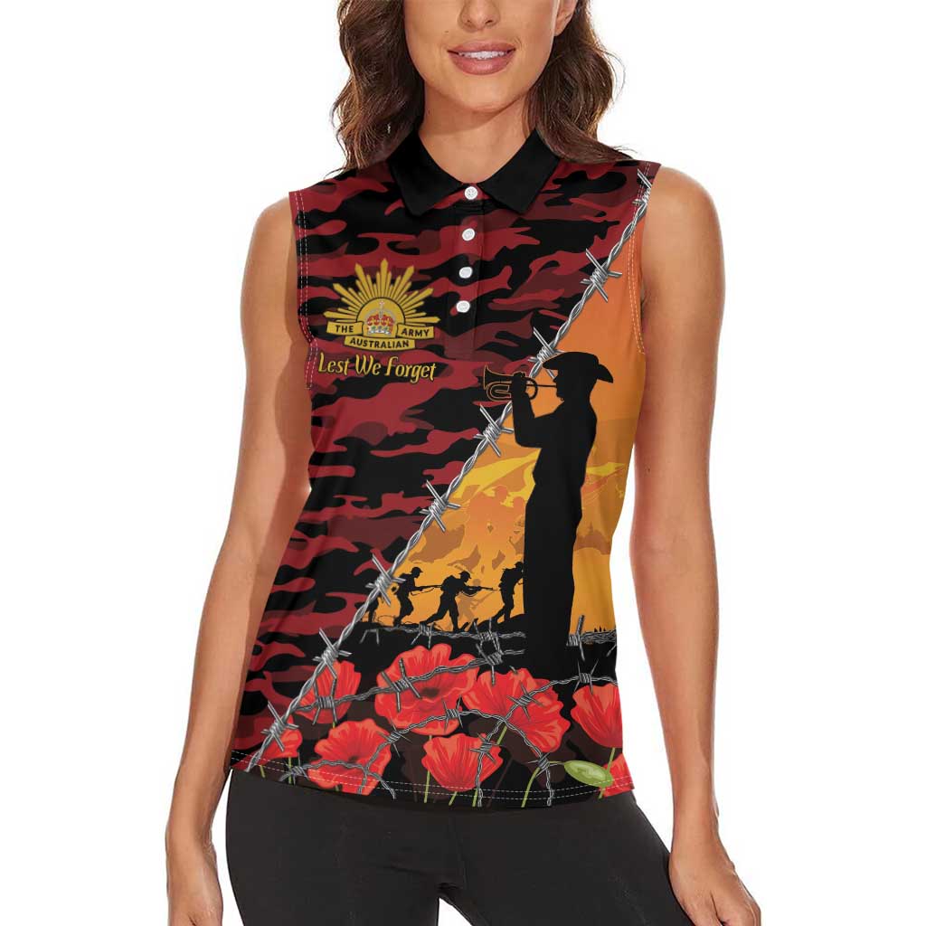 ANZAC Lest We Forget Women Sleeveless Polo Shirt Australian Army Poppy Tribute