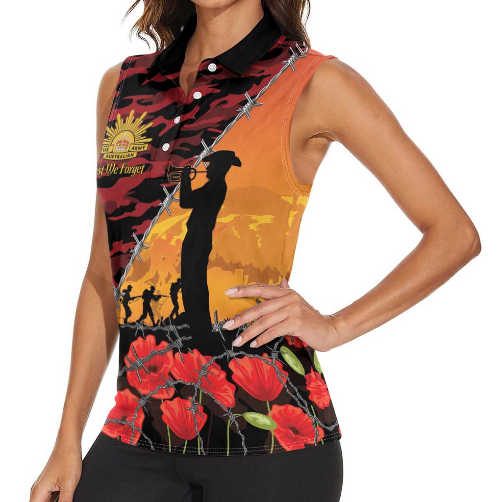 ANZAC Lest We Forget Women Sleeveless Polo Shirt Australian Army Poppy Tribute