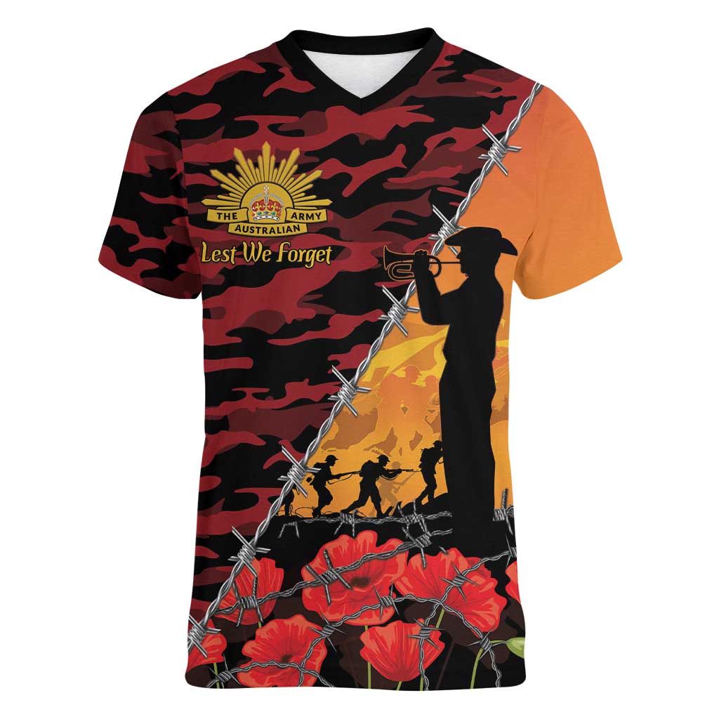 ANZAC Lest We Forget Women V-Neck T-Shirt Australian Army Poppy Tribute