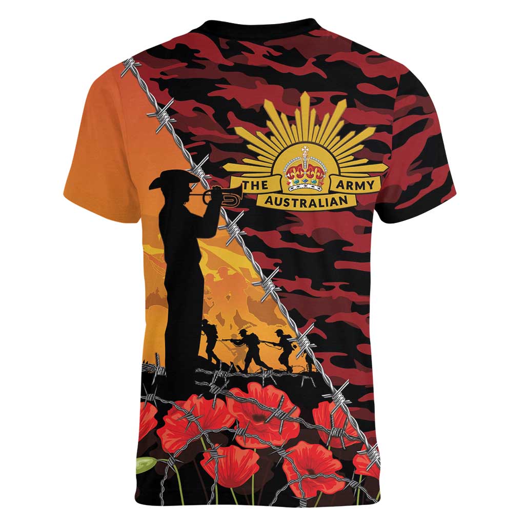 ANZAC Lest We Forget Women V-Neck T-Shirt Australian Army Poppy Tribute