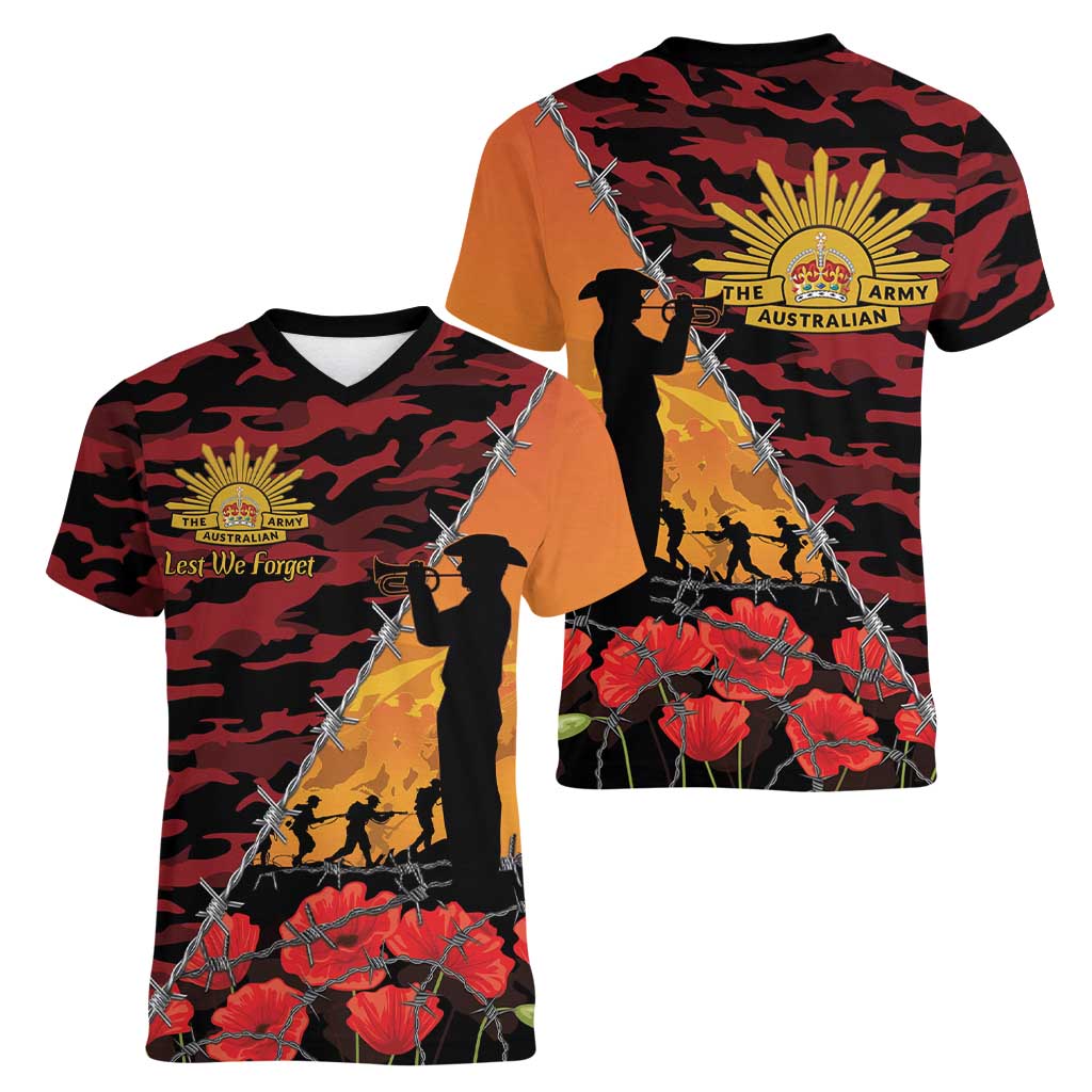 ANZAC Lest We Forget Women V-Neck T-Shirt Australian Army Poppy Tribute