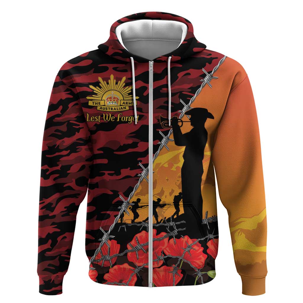 ANZAC Lest We Forget Zip Hoodie Australian Army Poppy Tribute