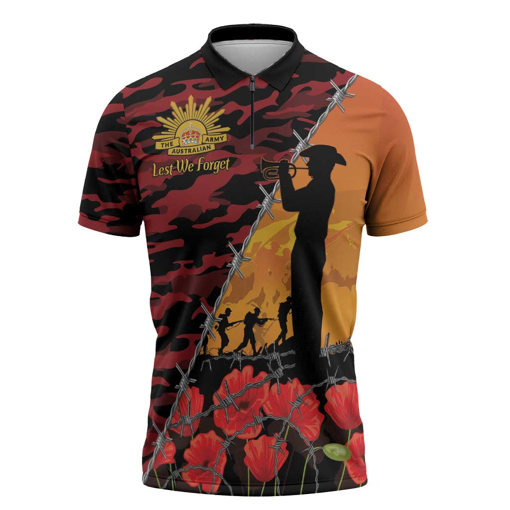 ANZAC Lest We Forget Zipper Polo Shirt Australian Army Poppy Tribute