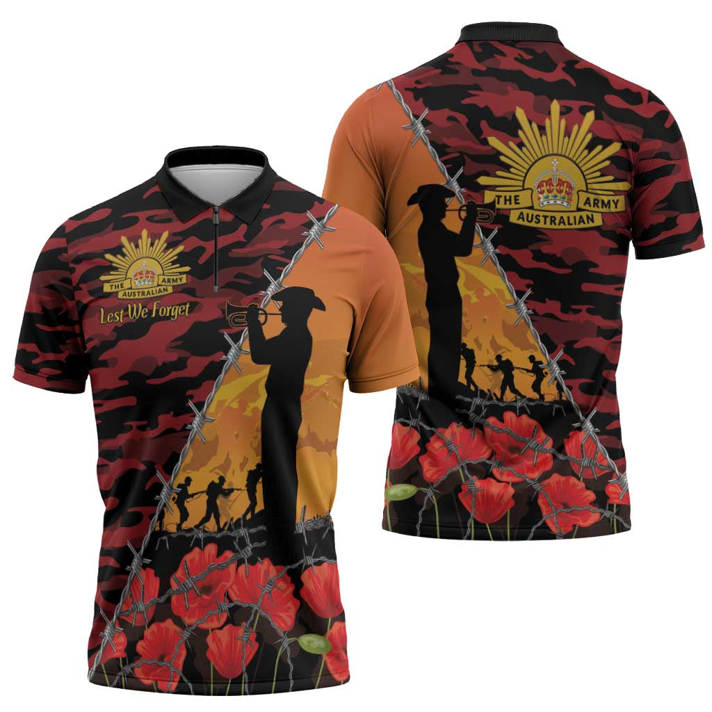 ANZAC Lest We Forget Zipper Polo Shirt Australian Army Poppy Tribute