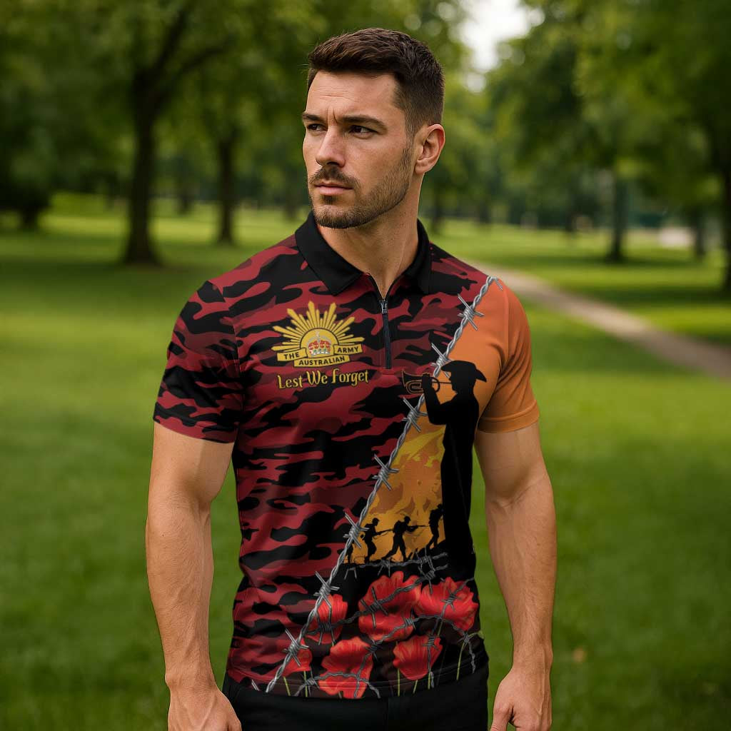 ANZAC Lest We Forget Zipper Polo Shirt Australian Army Poppy Tribute
