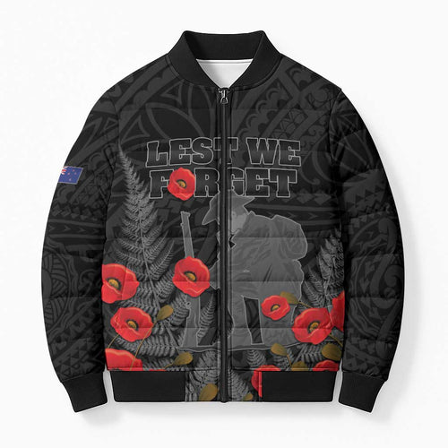 Personalised New Zealand ANZAC Day Bomber Puffer Jacket Lest We Forget Soldier Memorial