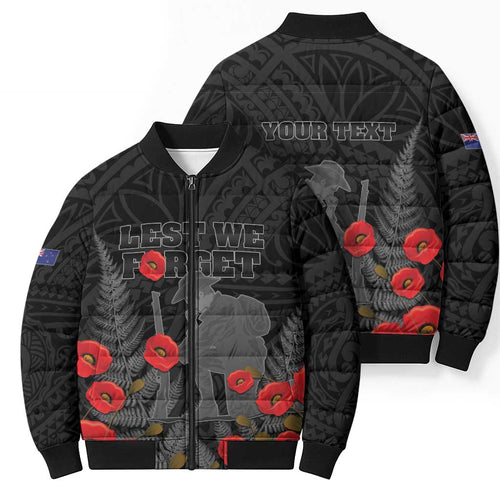 Personalised New Zealand ANZAC Day Bomber Puffer Jacket Lest We Forget Soldier Memorial