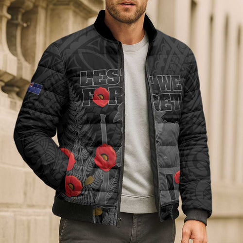 Personalised New Zealand ANZAC Day Bomber Puffer Jacket Lest We Forget Soldier Memorial