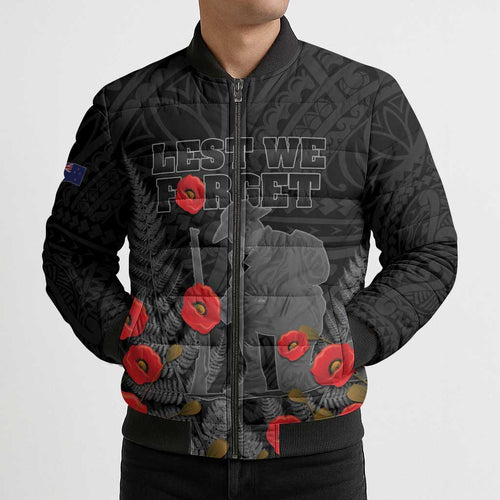 Personalised New Zealand ANZAC Day Bomber Puffer Jacket Lest We Forget Soldier Memorial